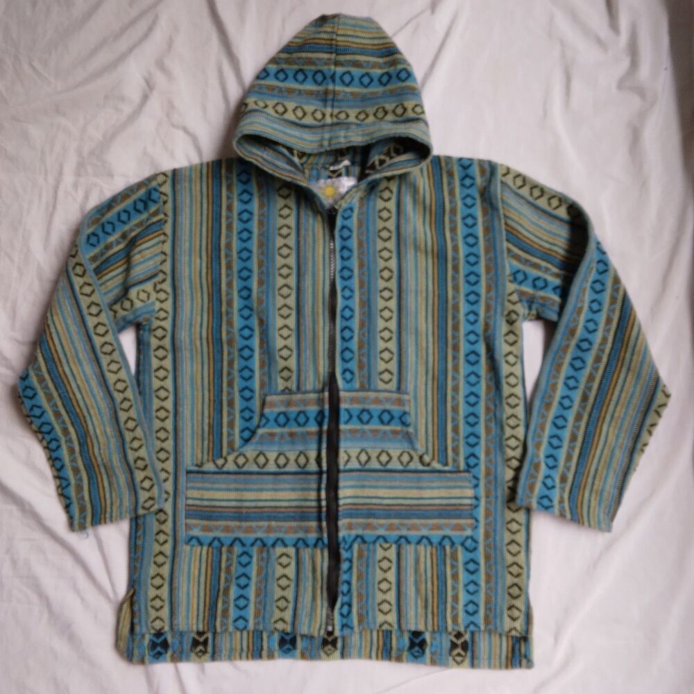 Sunshine Joy Tapestry Hoodie Jacket Blue Zip Up Boho Beach Hippie Y2K Mens S